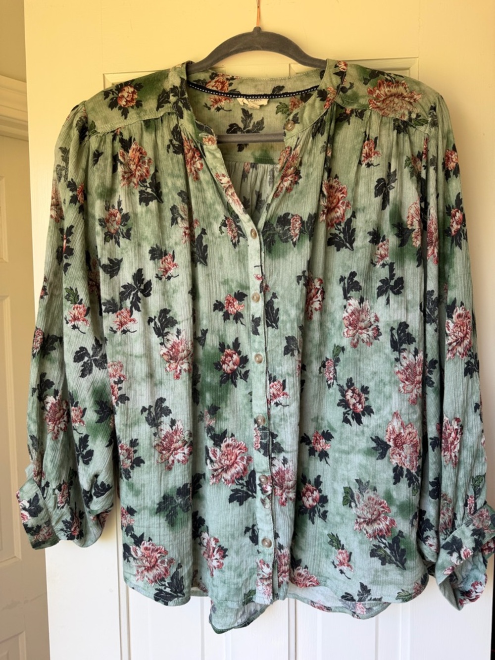 Anthropologie Mint Green Floral Button-Front Blouse - Picture 3 of 5